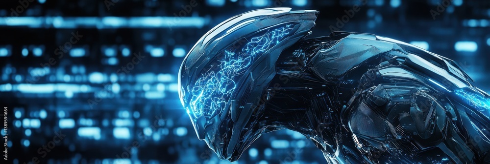 Fototapete Abstract Glowing Metallic Structure with Blue Matrix Code Background Representing Advanced Technology and Cybernetic Systems in a Dark Futuristic Design