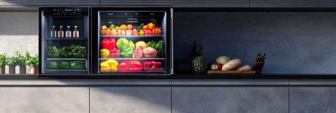 Sleek smart refrigerator displaying fresh groceries and holographic nutritional data in modern kitchen