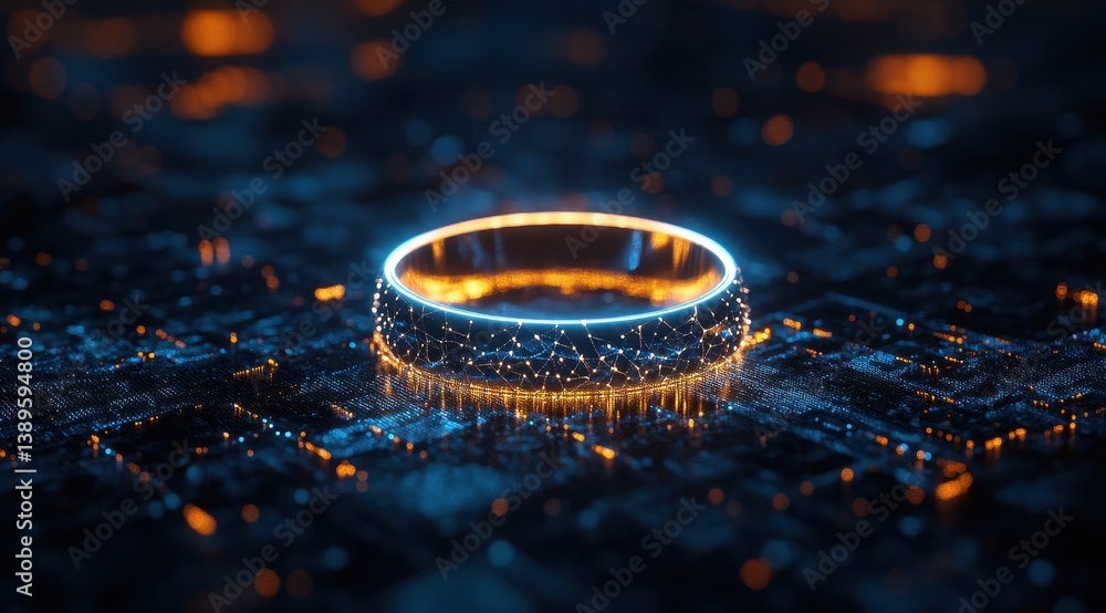 Poster abstract glowing ring on circuit board background with blue and orange lights technology and digital
