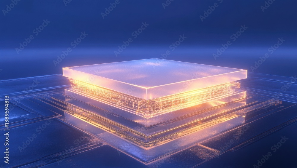 Poster Abstract Glowing Square Layers in Blue and Orange Tones Depicting Advanced Technology and Futuristic Digital Design on a Textured Metallic Surface