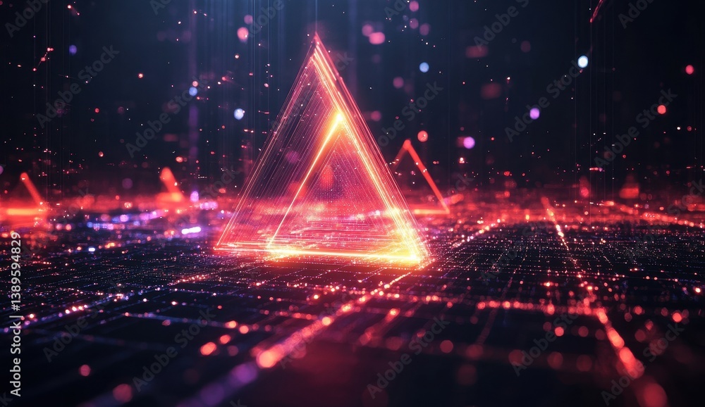 Poster abstract glowing triangle geometric pattern with red and blue light on dark grid background for mode
