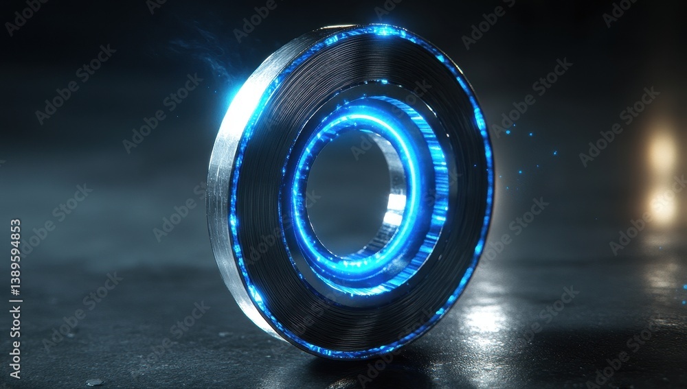 Poster Abstract Glowing Torus with Blue Light Effect on Dark Surface and Metallic Ring with Sparkles and Circular Form in a Technological Composition