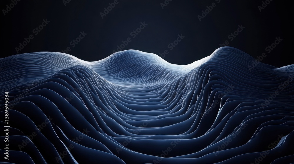 Poster abstract wavy landscape in dark background with smooth ridges and curves