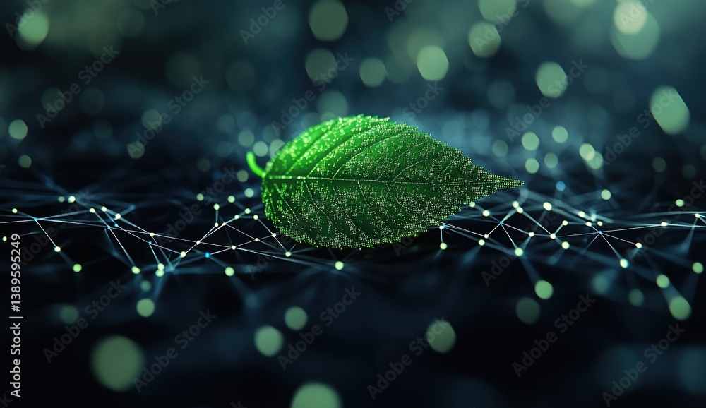 Aufkleber Abstract Green Leaf Symbolizing Digital Network Connectivity and Technology with Interconnected Nodes and Dots on a Dark Blue Background Highlighting Modern Innovation and Sustainable Growth