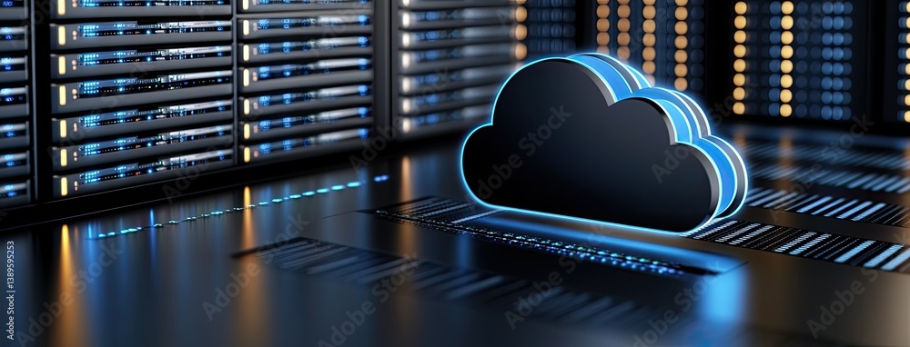 Aufkleber digital illustration of cloud computing with glowing blue lights and a modern data center, symbolizi