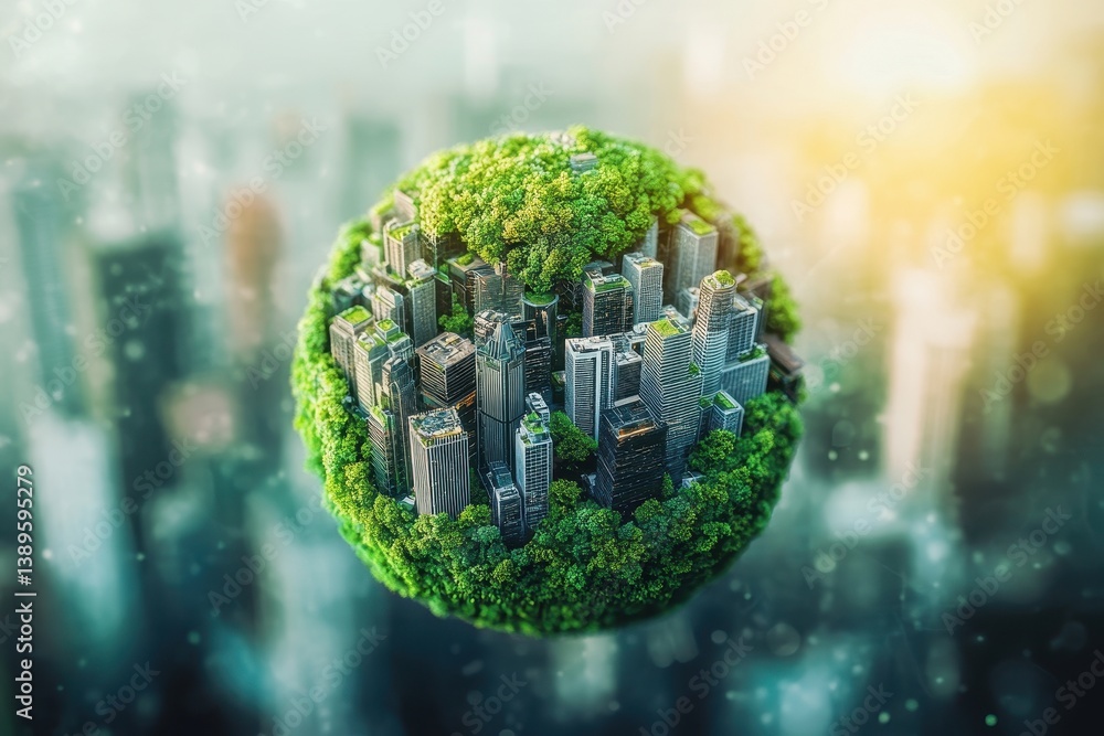 Poster abstract green city globe floating above urban skyline with soft focus and bokeh in warm tones ecolo