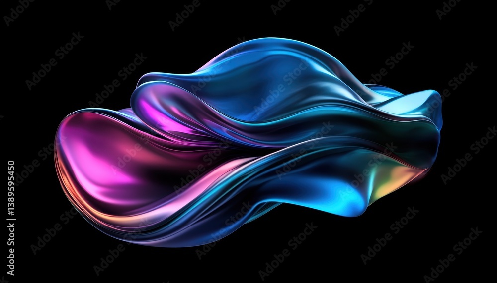 Poster abstract iridescent fluid shape with metallic sheen on a black background rendered in 3d