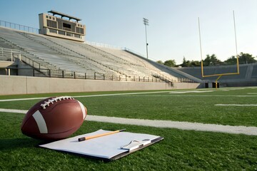 American football and coach clipboard on turf field with goal post and empty stadium bleachers in background, sports training preparation concept