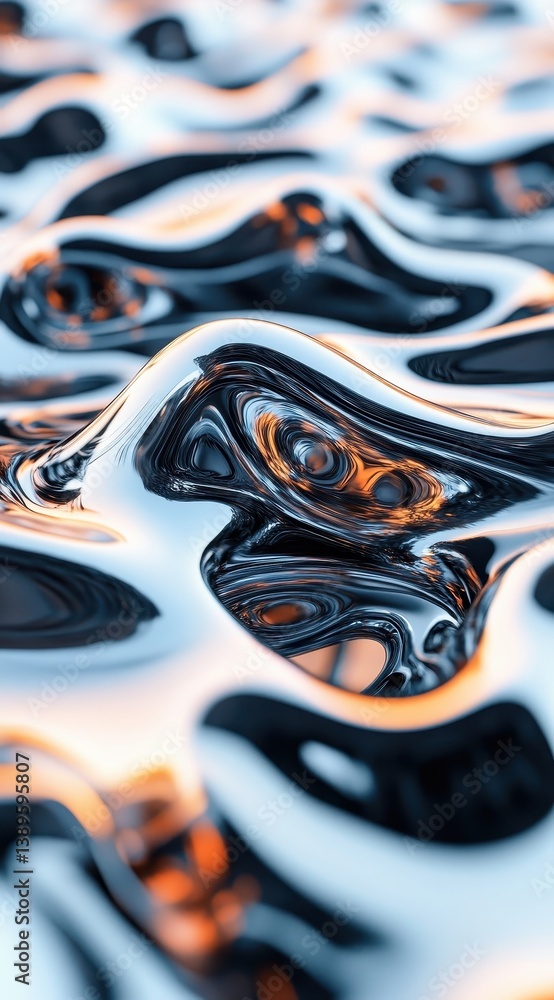 Poster abstract metallic liquid surface with fluid motion wavy chrome and iridescent reflections for modern