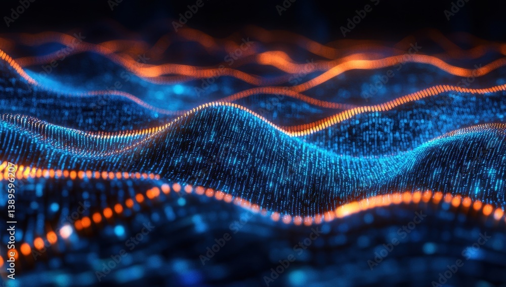 Aufkleber Abstract Network Background with Glowing Blue and Orange Particles in Dynamic Wavy Patterns Creating a Futuristic Technological Visual Art Depicting Data Flow and Interconnectivity