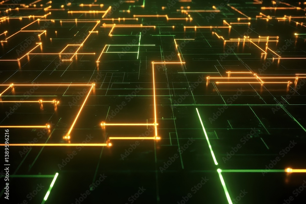 Aufkleber Abstract Network Grid With Glowing Orange and Green Lines Against a Dark Background Futuristic Design Element