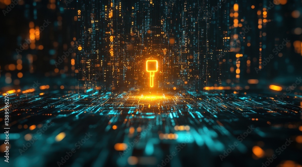 Aufkleber Abstract Orange and Blue Digital Network with Glowing Key Symbol of Technological Innovation and Advanced Binary Code in a Dark Cyberpunk Background