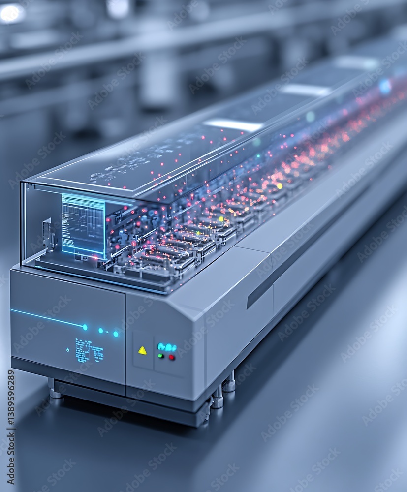 Poster a technological machine displaying digital circuits within its protective enclosure
