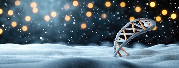 A glowing blue DNA double helix stands out against a dark bokeh backdrop, highlighting futuristic science