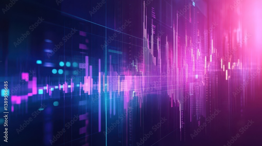 Poster abstract pink and blue soundwave visualization with dynamic frequency spectrum and geometric data st