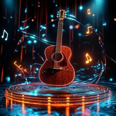 Naklejka premium Acoustic Guitar Illuminated on Platform with Floating Music Notes and Glowing Strings - A Vibrant Musical Experience.