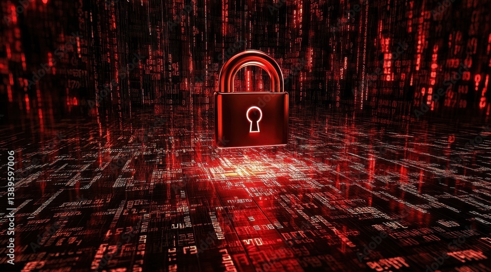 Fototapete abstract red padlock floating on digital data stream for cyber security protection with network conn