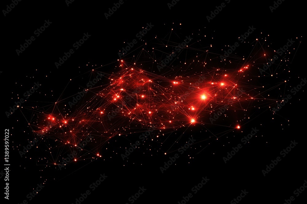 Aufkleber abstract red light network against black background cityscape pattern and glowing dots creating an e