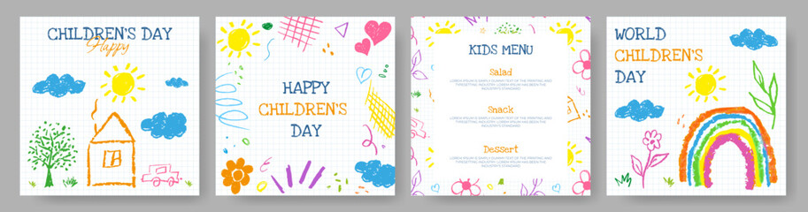 Children's Day Background with Doodle Kids Drawing. World Kids Day Cards with Hand Drawn Illustration. Cute Happy Childhood Concept Design. Funny Hand Drawn Children's Poster with Sun, Cloud, Rainbow.