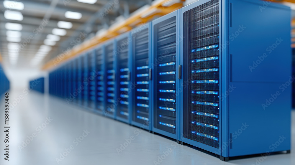 Poster high tech data center with blue server racks and illuminated components