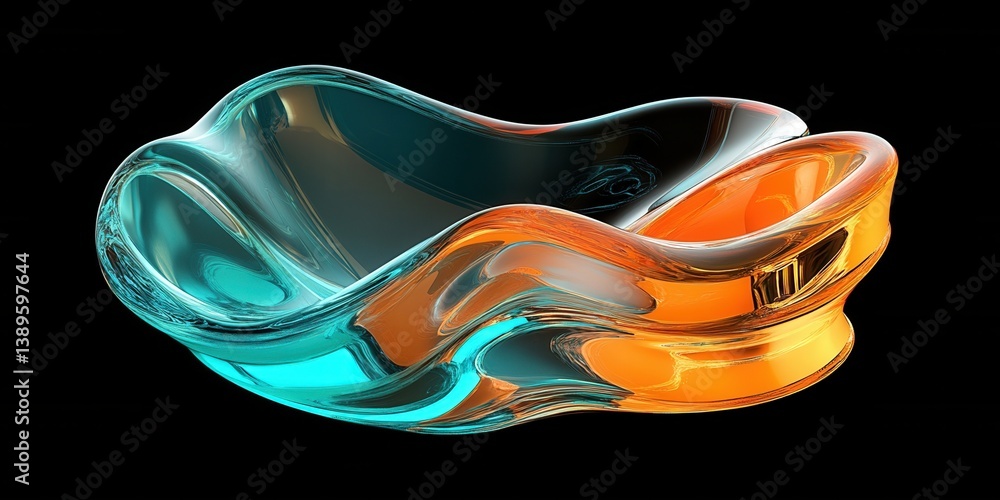 Poster abstract transparent aqua and orange wavy shape on black backdrop modern art style futuristic design