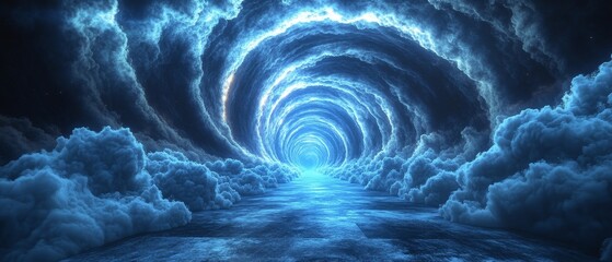 A blue sky with a spiral of clouds and a blue river