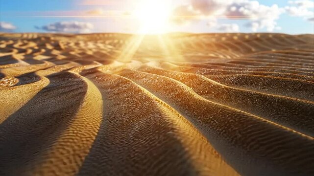 Golden desert sand dunes at sunset
