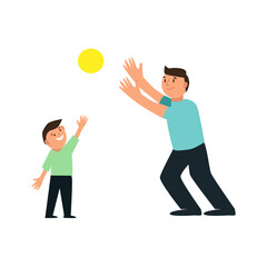 Dad playing ball with his son. For poster, card, banner, discount, special offer, cover, menu, advertising. Vector illustration EPS10 
