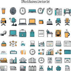 This vector line art icon set office and business-themed elements for UI/UX design, infographics, presentation templates, websites, apps, and more. Clean and minimal with modern color accents.
