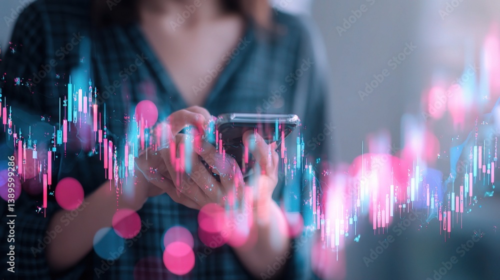 Poster double exposure forex graph with hologram effect on mobile screen