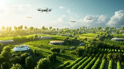 Fototapeta premium A large eco-farm managed by drones and AI systems robotic harvesters, satellite-controlled irrigation, crop health monitoring through AR glasses vibrant green colors, mix of nature and technology.