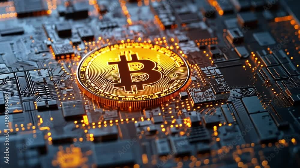 Poster golden bitcoin coin on circuit board background with glowing digital lights representing cryptocurre