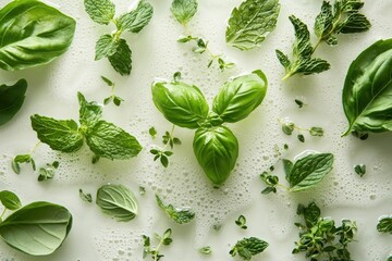 Fresh basil mint oregano in bubbly water vibrant green herbs clean and healthy cooking ingredients