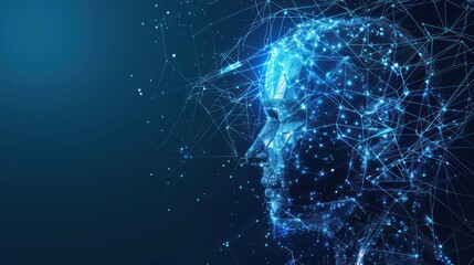 A blue background with a face made of lines and dots