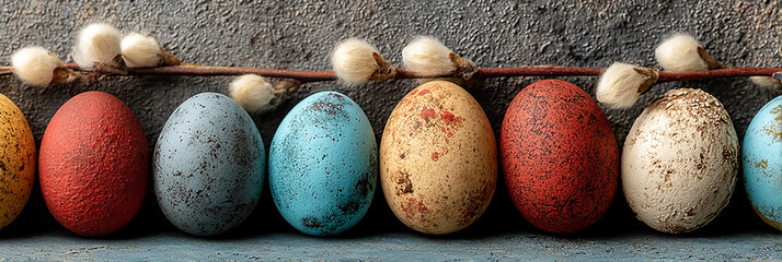 wide panoramic cover background banner image of colourfully decorated Easter eggs on a table with textured backdrop wall 
