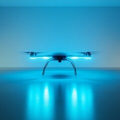 Futuristic Drone with Blue Glow: An Eye-Level Close-Up of Autonomous Technology in a Modern, Minimalist Setting. 