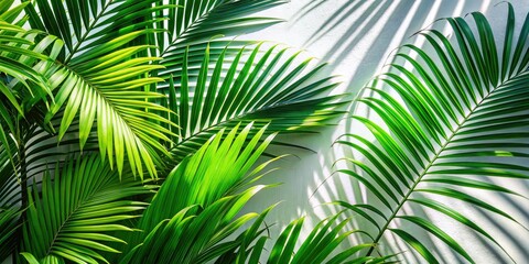 Lush palm leaves cast vibrant shadows on a bright white wall, evoking a tropical summer paradise.
