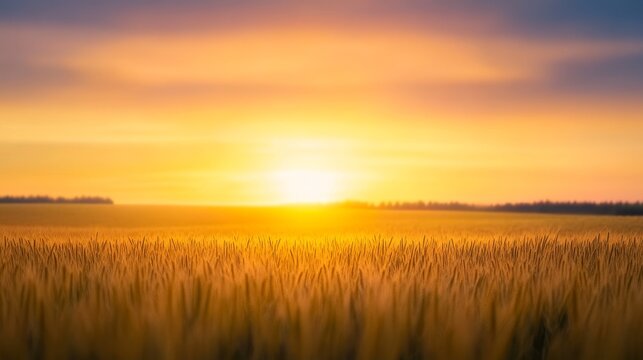 Golden wheat field under a vibrant sunset with a clear sky and distant tree line