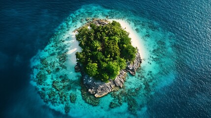 Lush tropical island in vibrant ocean.