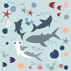 marine seamless pattern with fishes, Set of illustrations with wild sea animals. Pictures with predatory sea animals, sharks crabs. Stickers decals icons screensavers covers hand drawn