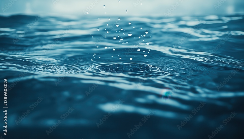 Poster captivating blue water surface with splashing droplets creating ripples and abstract patterns in a t