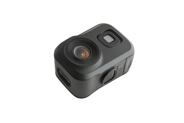 Sleek black action camera with high res lens subtly detailed buttons clean white background