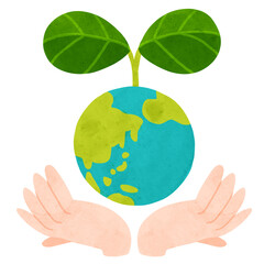 地球と双葉と両手のひら　水彩風手描きイラスト