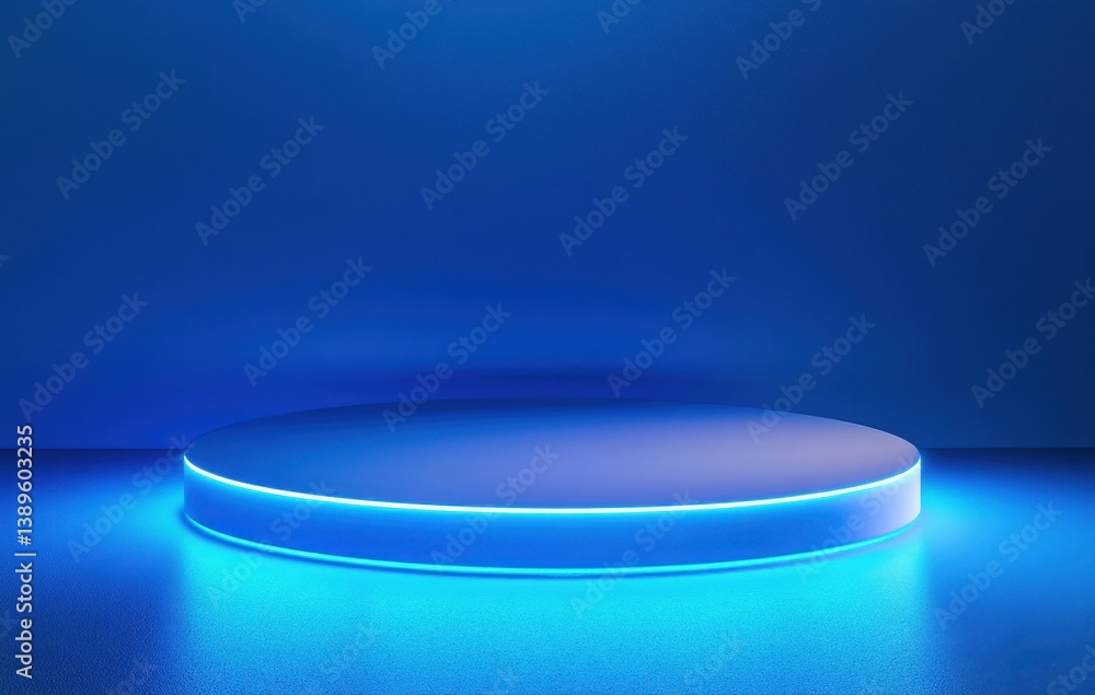 Poster circular blue podium with neon lighting for product presentation and display in minimalist geometric
