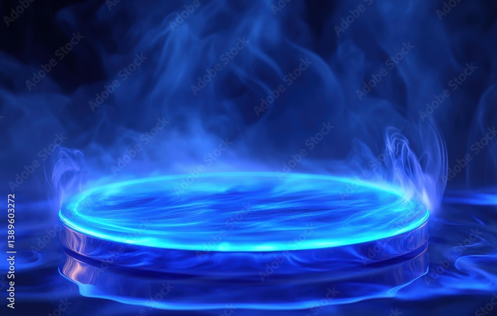 Poster circular platform with ethereal blue smoke emanating in a dark abstract setting