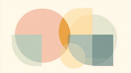 Abstract geometric shapes overlap pastel color background.
