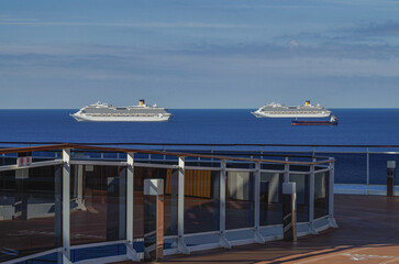 Mega family cruiseship cruise ship liner Favolosa and Fortuna anchored offshore of Civitavecchia...