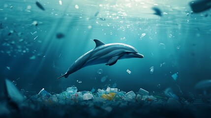 Fototapeta premium A dolphin swimming in an ocean filled with plastic waste and debris under sunlight rays shining through