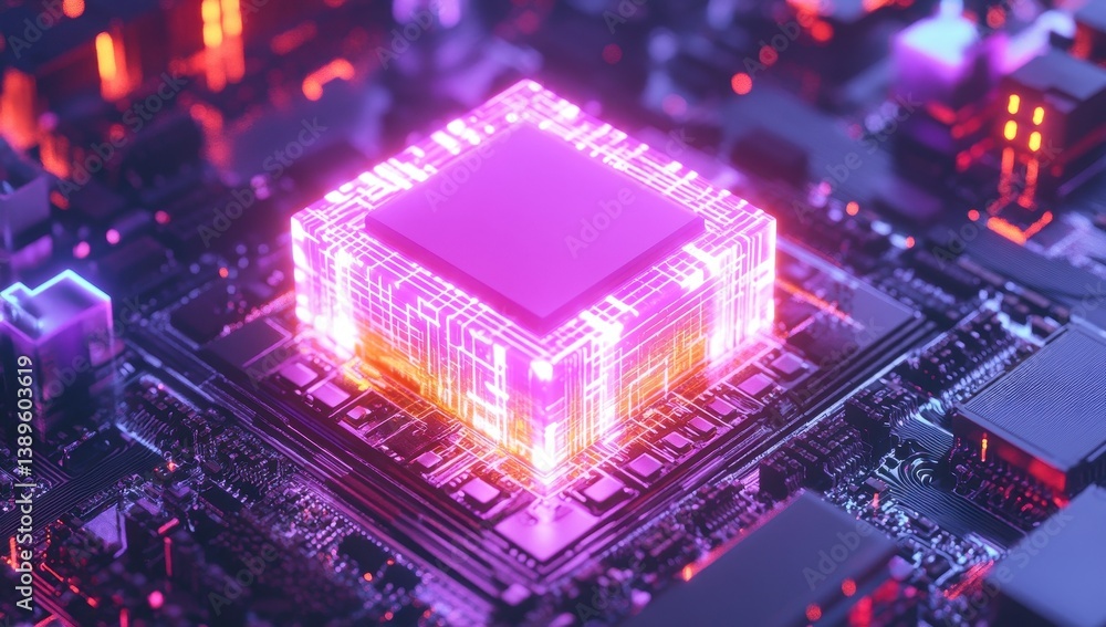 Poster Close Up of a Glowing Pink and Orange Computer Processor on a Dark Circuit Board Highlighting Modern Technology and Intricate Cybernetic System Details
