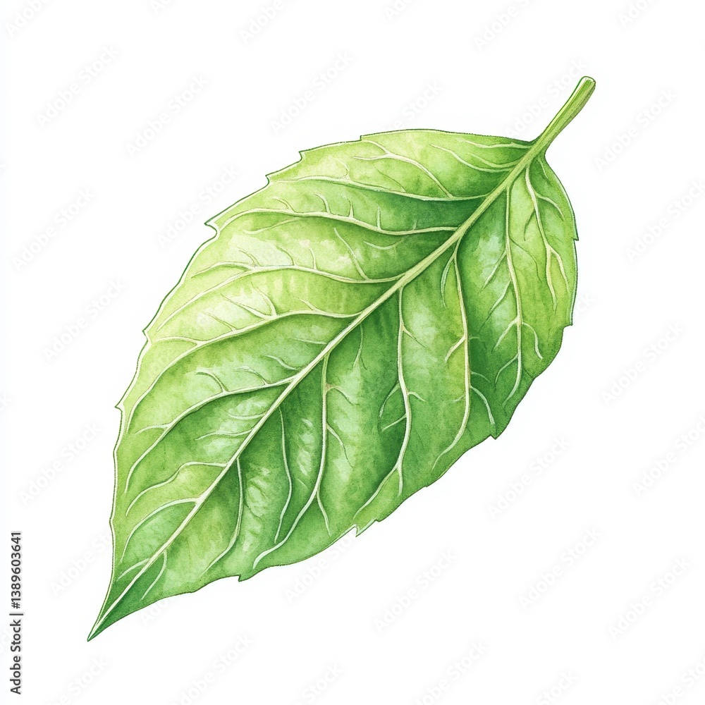 Poster Close Up of a Single Green Leaf with Intricate Veins and Detailed Texture on White Background